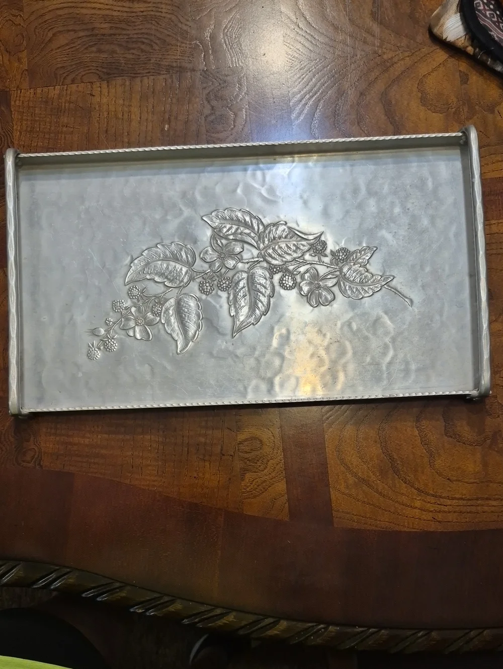 Antique Hand Forged, Everlast Metal,Decorative Silver Floral Metal Tray - Silver